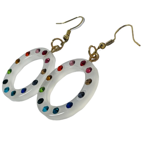 Rainbow Round translucent resin hoops with rhinestones earrings NEW - Picture 2 of 7